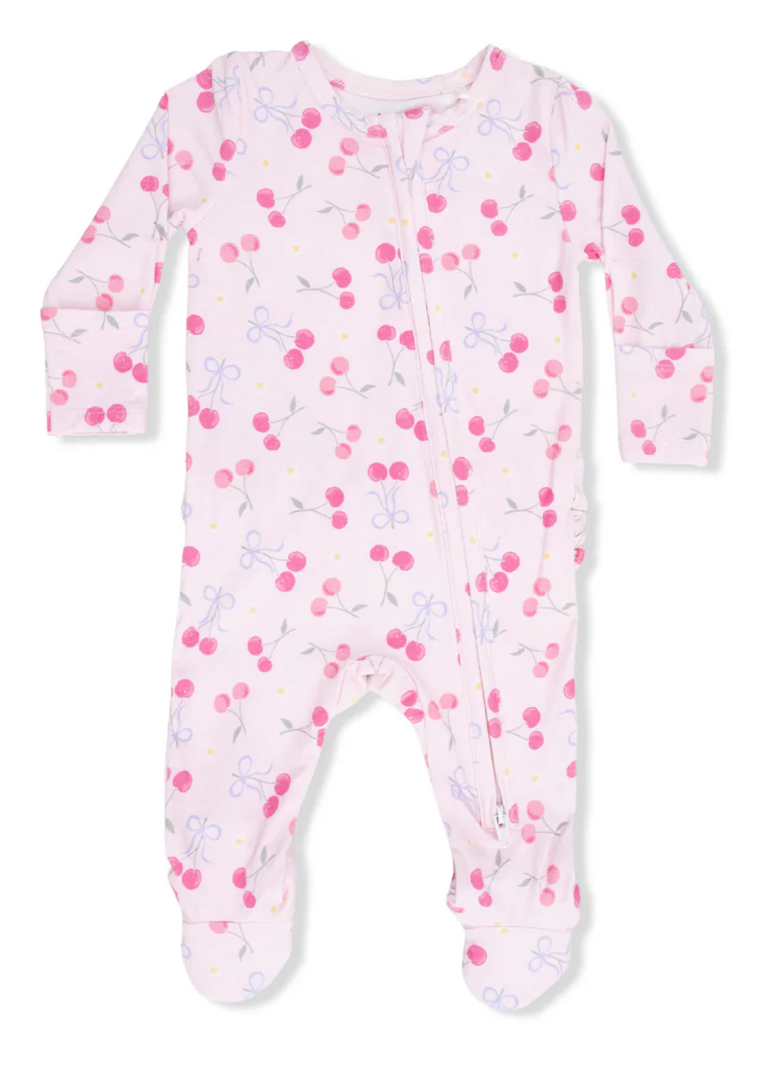 2-Way Ruffle Zipper Footie - Sweet Bow Cherries