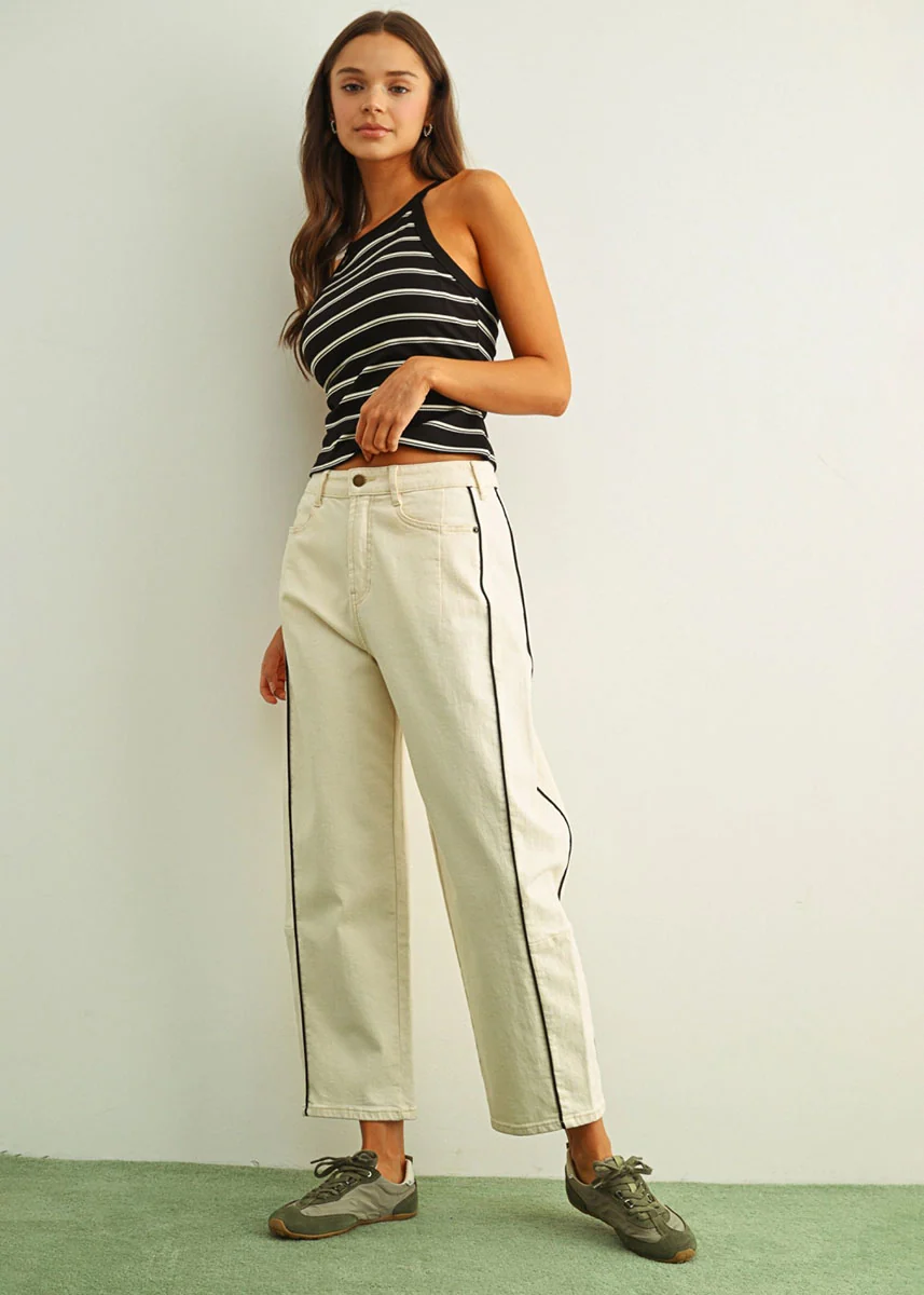 Berlin Piped Barrel Pant - Ecru & Black - Image 5