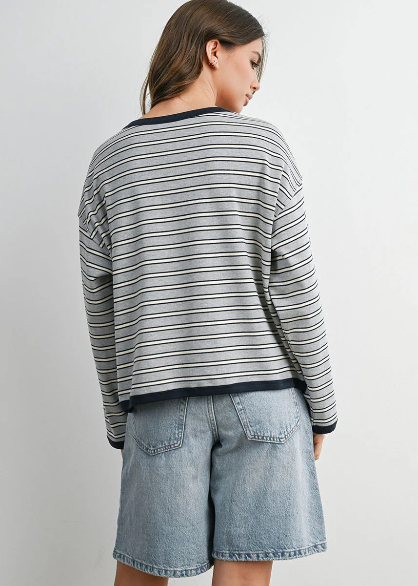 Carolyn Striped Long Sleeve Top - Grey Navy - Image 3