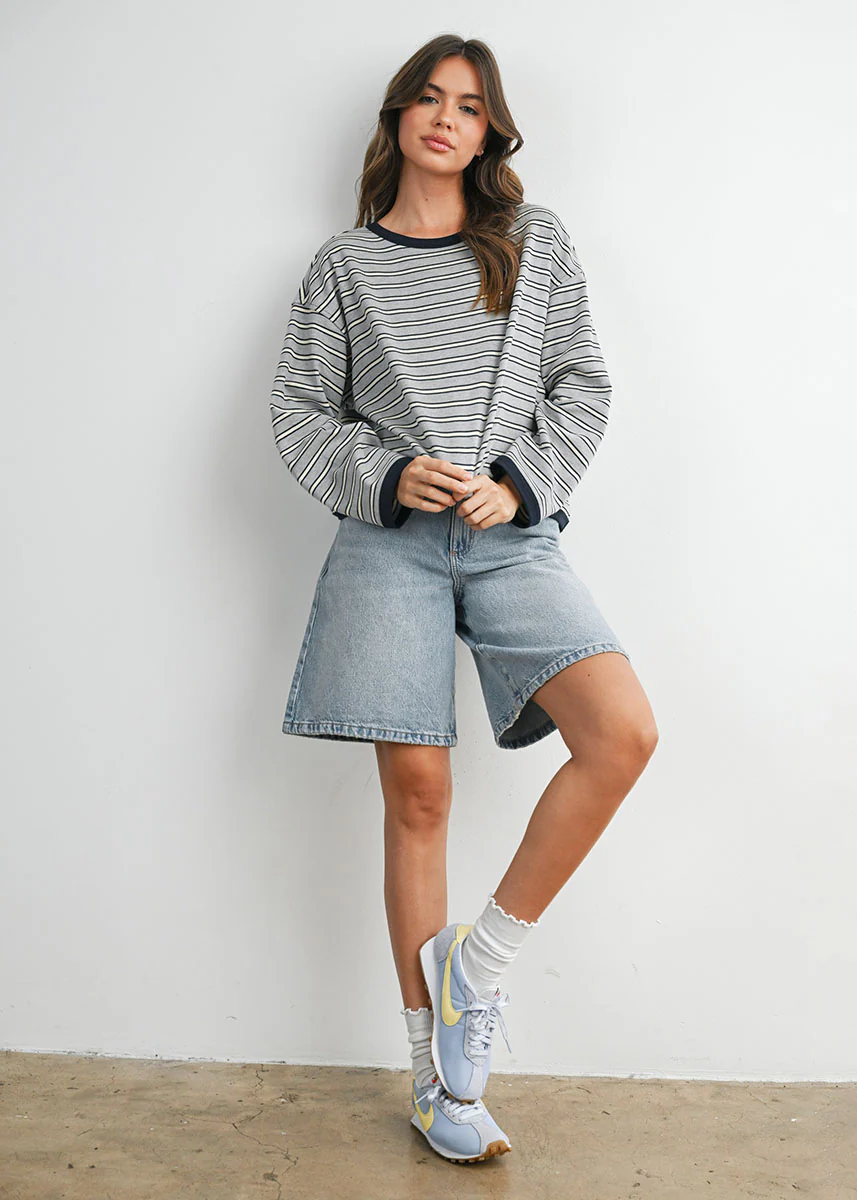 Carolyn Striped Long Sleeve Top - Grey Navy - Image 5
