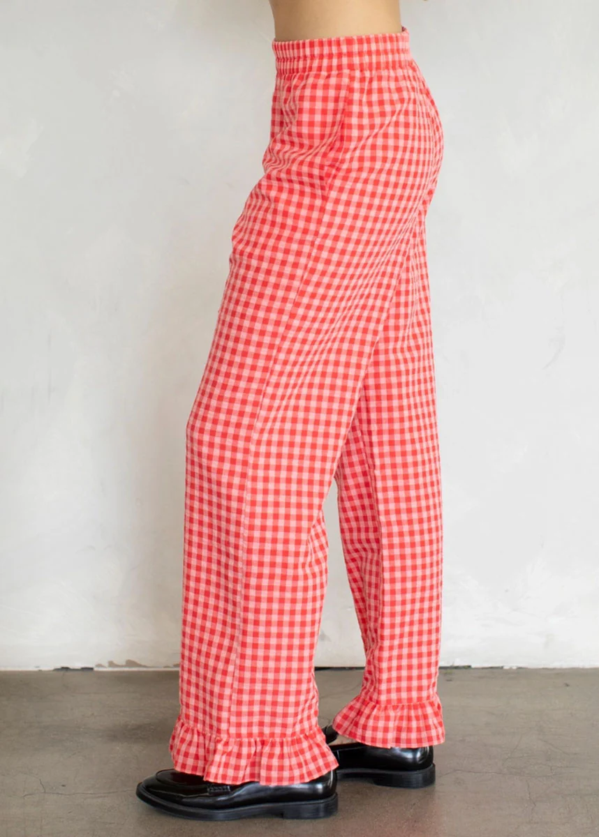 Checkered Ruffle Hem Pant - Coral - Image 2