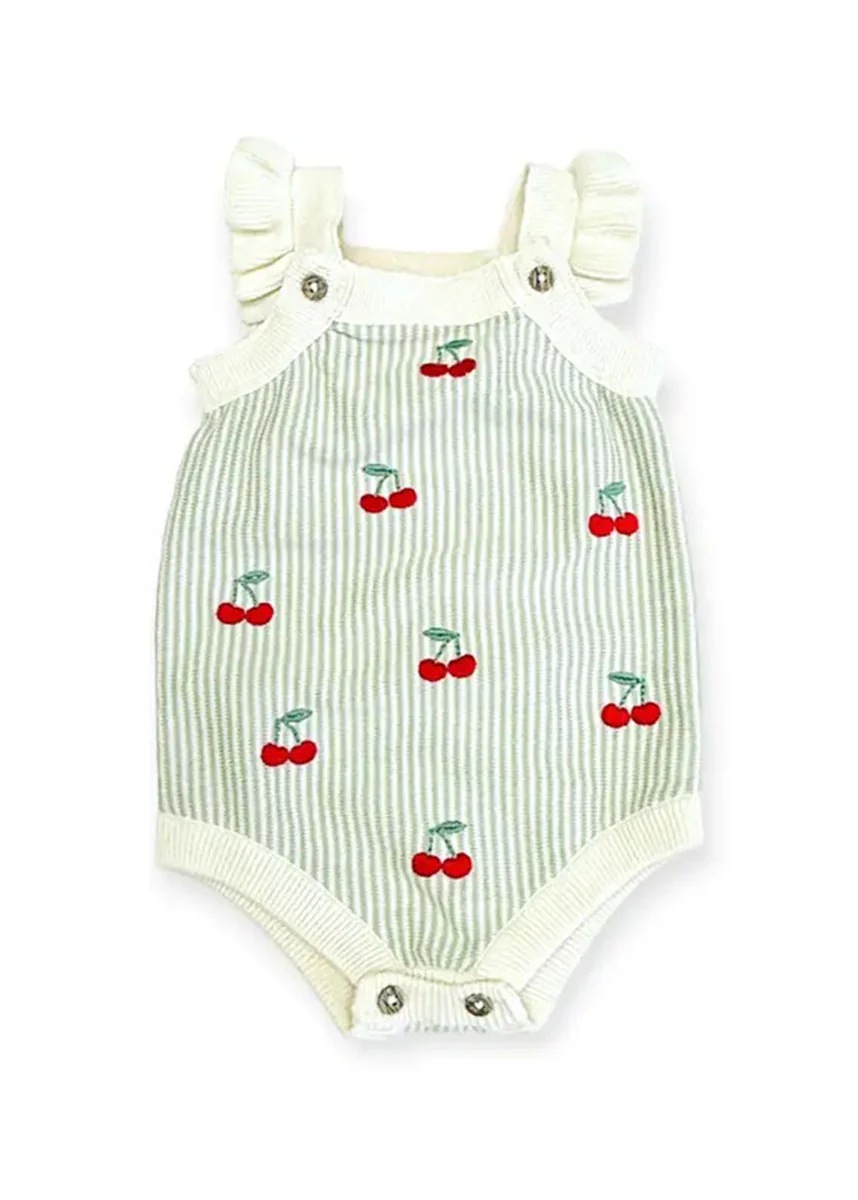 Cherry Stripe Embroidered Ruffle Romper Set - Sage