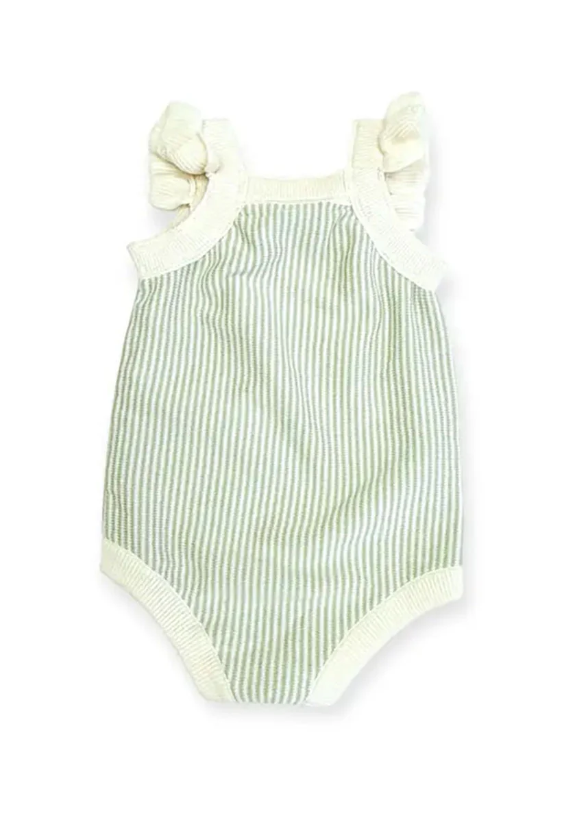 Cherry Stripe Embroidered Ruffle Romper Set - Sage - Image 2