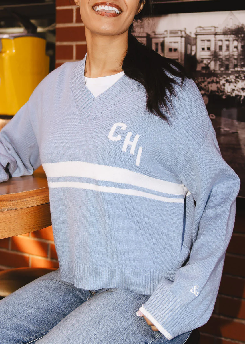 Chi Striped V-Neck Crop Sweater - Light Blue - Image 3