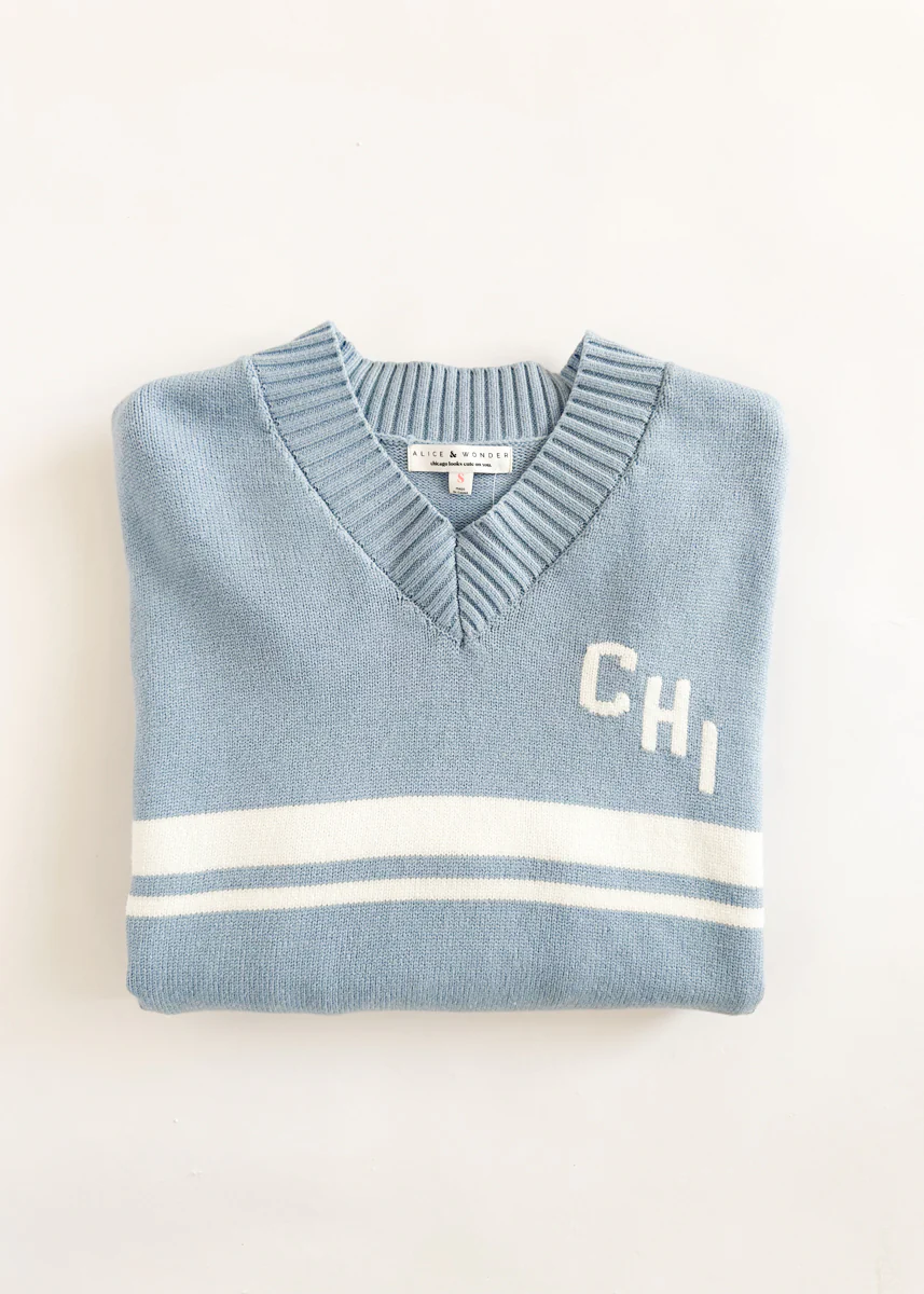Chi Striped V-Neck Crop Sweater - Light Blue - Image 5