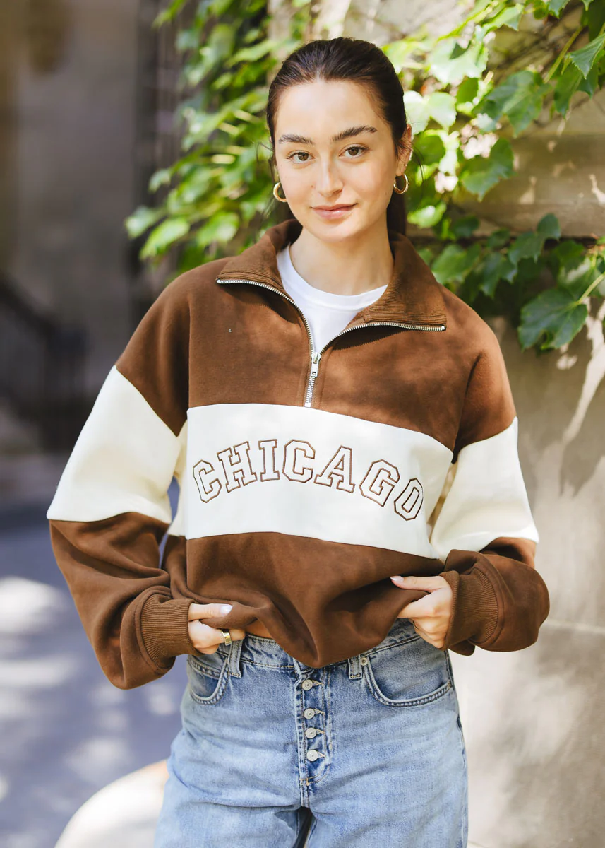 Chicago Color Blocked Quarter Zip Sweatshirt - Chocolate - Image 8