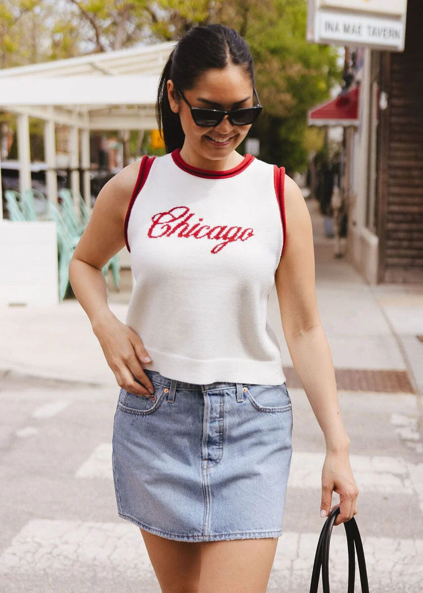 Chicago Script Ringer Sweater Vest - Ivory Red Combo - Image 5