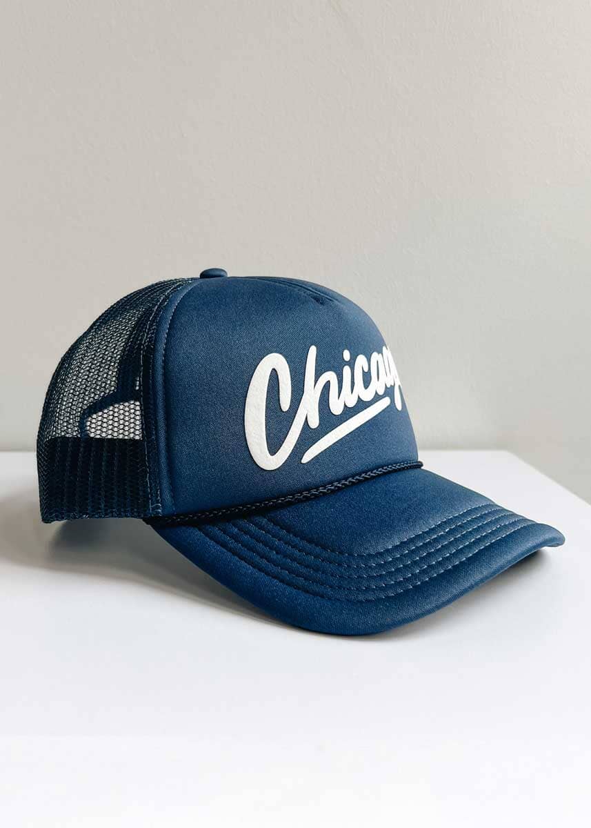 Chicago Script Trucker Hat - Navy - Image 4