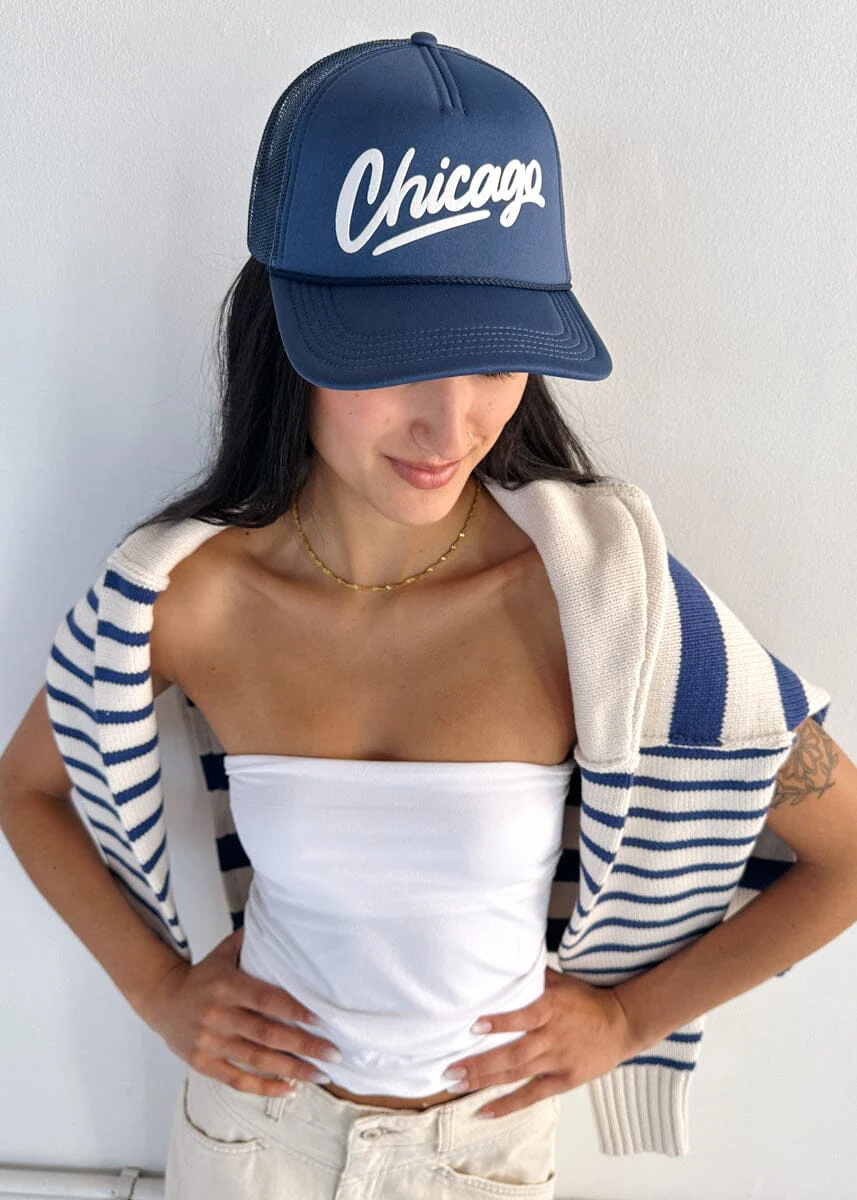 Chicago Script Trucker Hat - Navy - Image 7