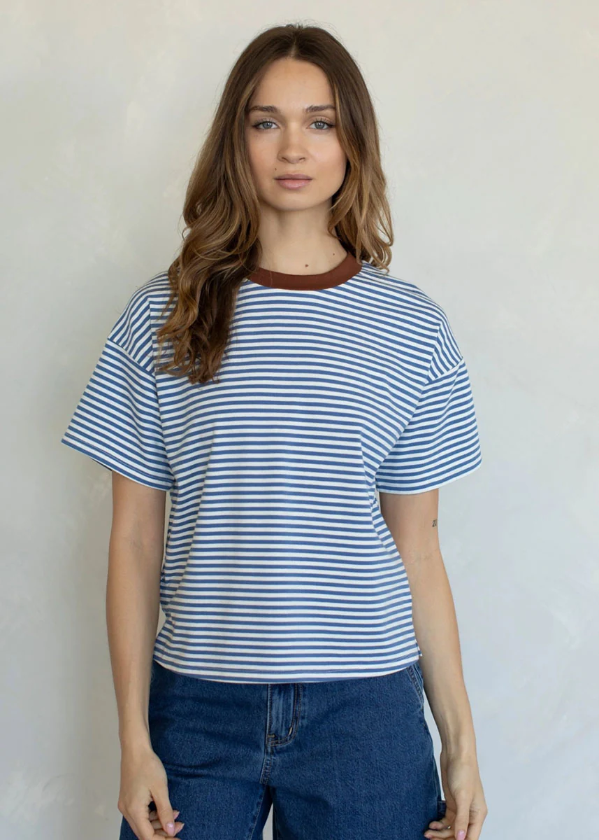 Contrast Stripe Tee - Dusty Blue