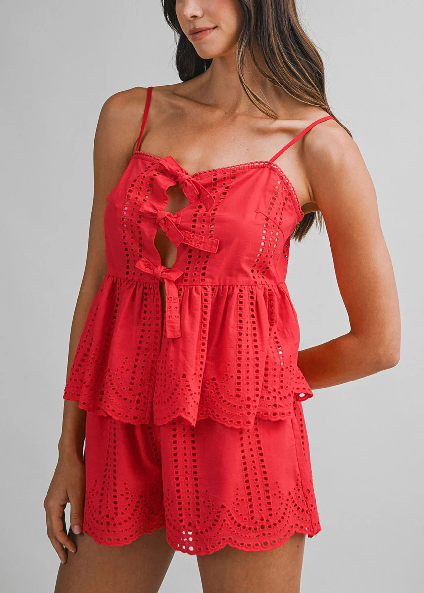 Coralie Eyelet Lace Tank & Shorts Set - Red - Image 3