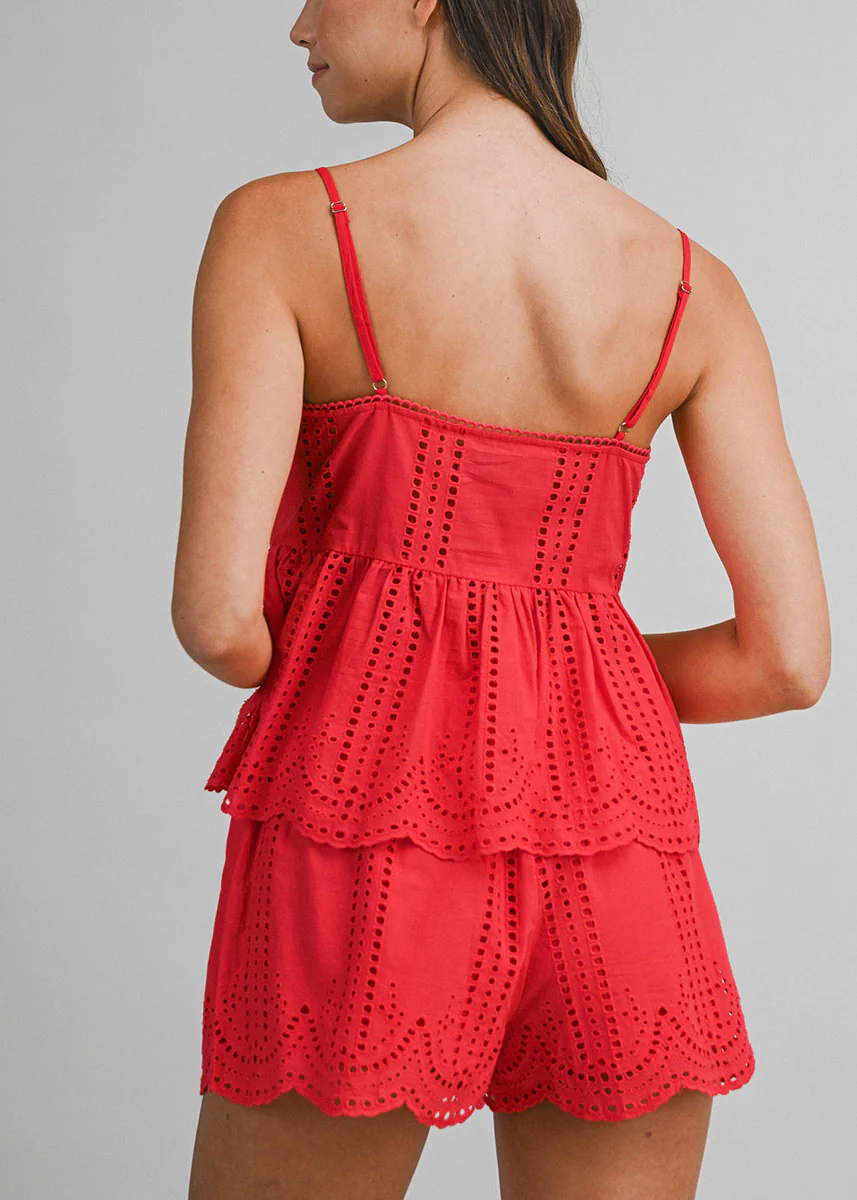 Coralie Eyelet Lace Tank & Shorts Set - Red - Image 4