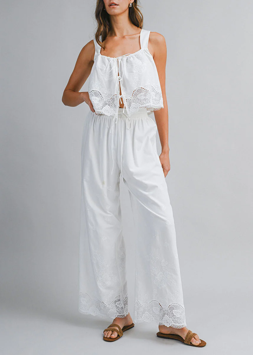 Cosette Embroidered Tie Top & Pant Set - Off-White - Image 6