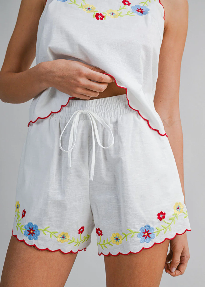 Daryl Scallop Embroidered Top & Short Set - Red Multi - Image 4