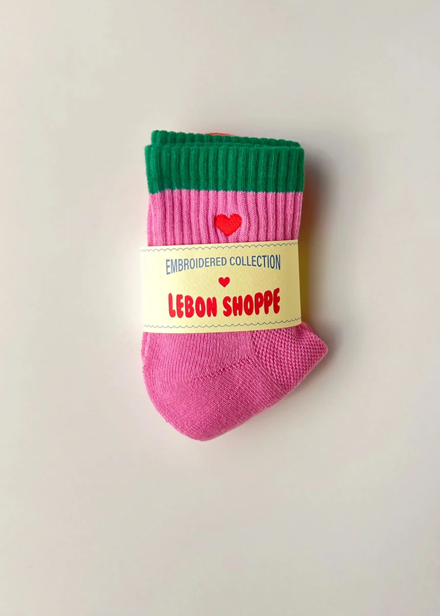 Embroidered Color Block Girlfriend Socks - Rose Green Heart - Image 3