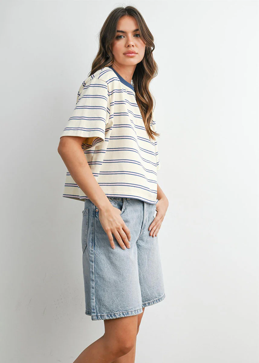 Emiko Striped Crop Tee - Ivory & Blue - Image 4