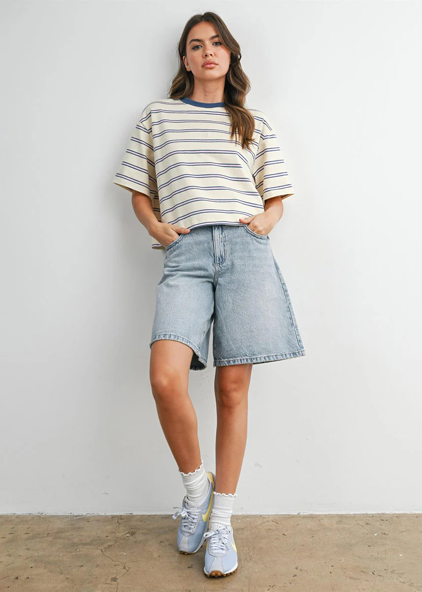 Emiko Striped Crop Tee - Ivory & Blue - Image 6