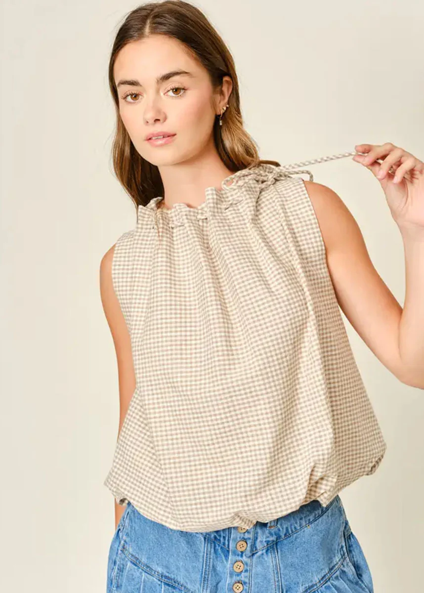 Evangeline Checkered Bubble Top - Brown - Image 4