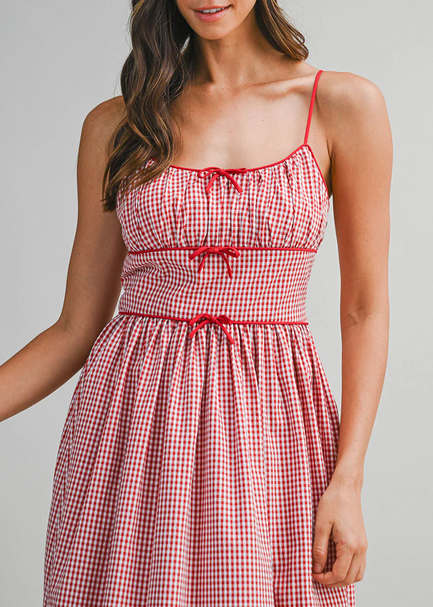 Gabrielle Gingham Ruched Midi Dress - Red - Image 3