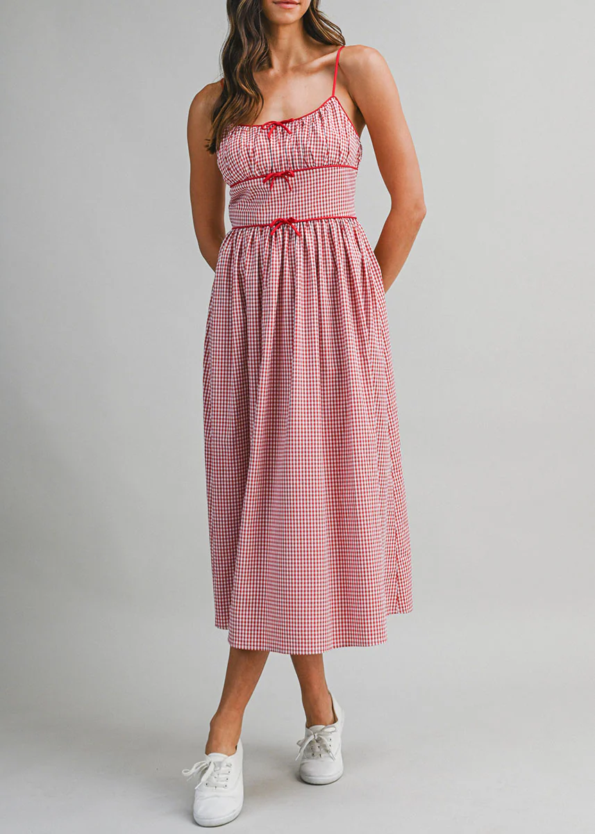 Gabrielle Gingham Ruched Midi Dress - Red - Image 6