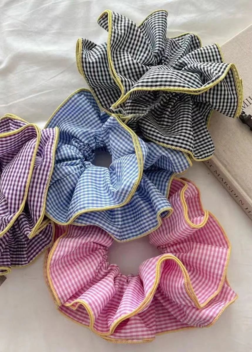Giant Checkered Contrast Frill Scrunchie - Blue - Image 2