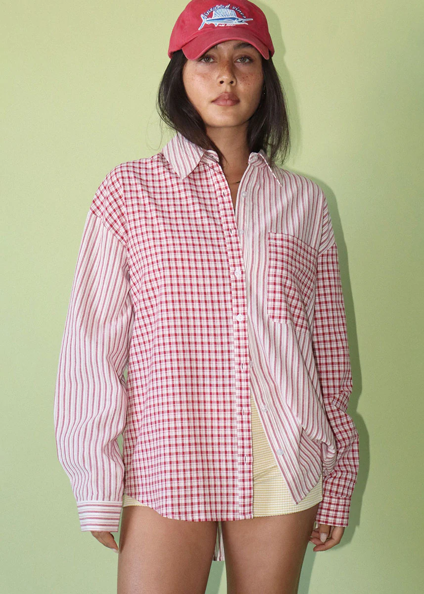 Indigo Mixed Stripe Oversized Shirt - Red