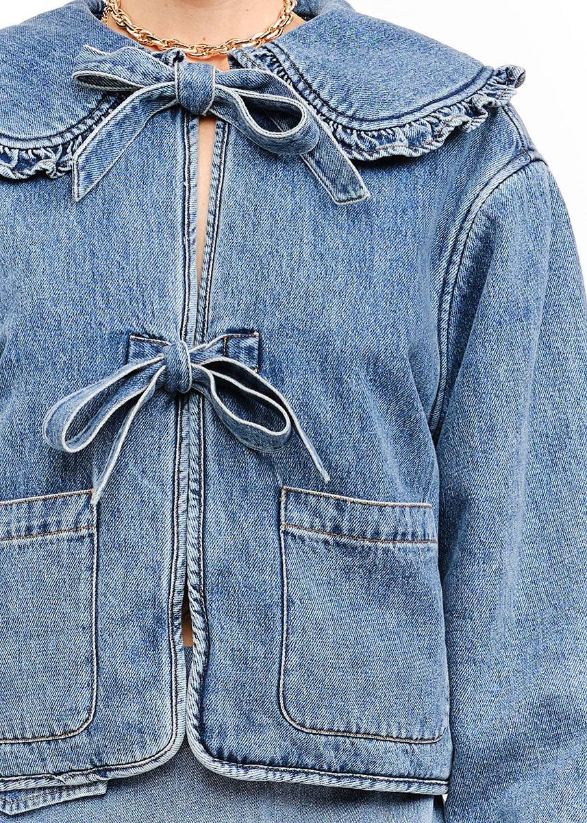 Kensie Ruffle Tie Jacket - Denim - Image 4