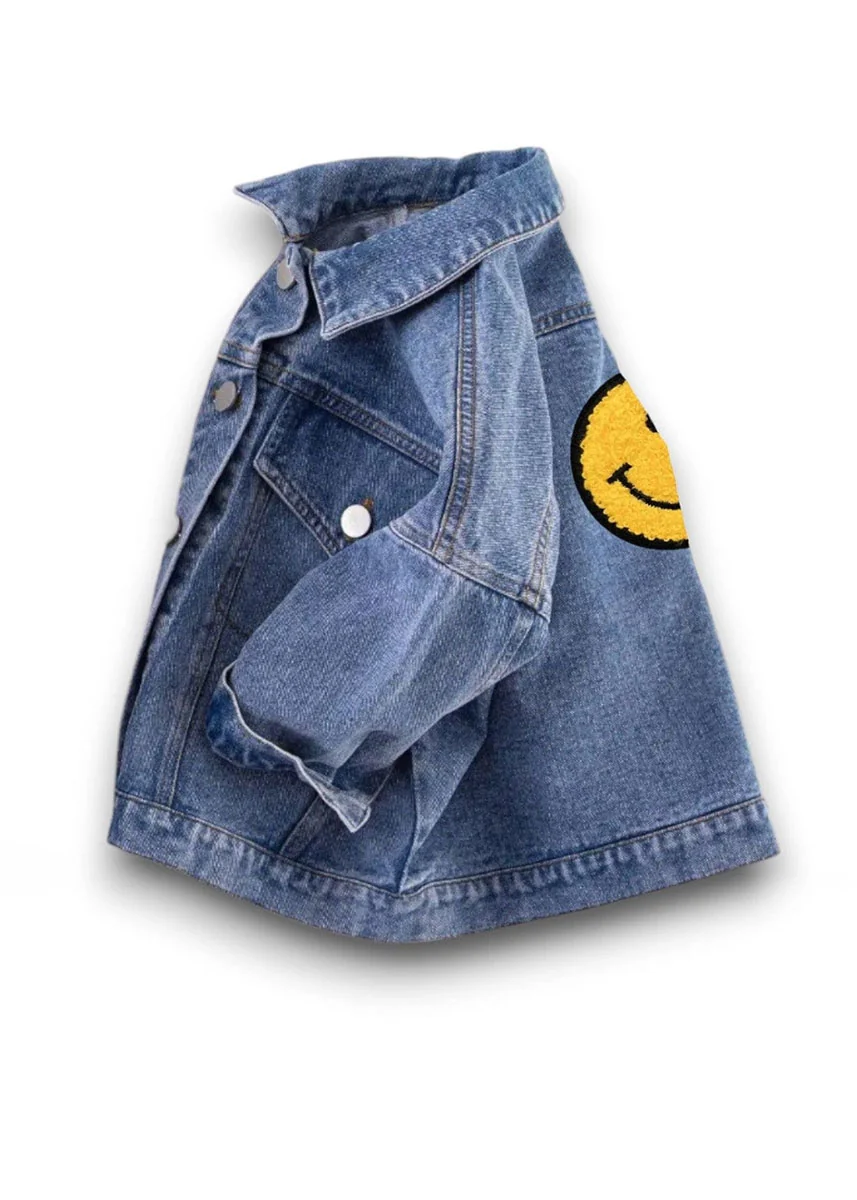 Kids Happy Face Denim Jacket - Blue - Image 3