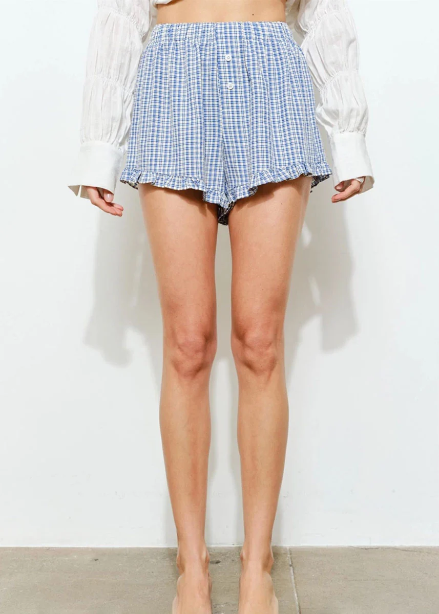 Libby Ruffle Hem Gingham Boxer Shorts - Navy