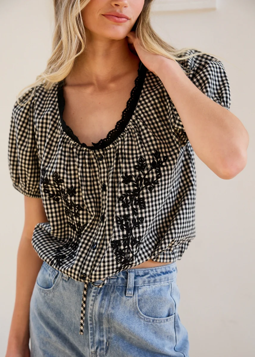 Maeve Embroidered Gingham Top