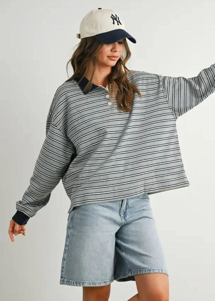 Megan Quarter Button Stripe Collared Top - Grey & Navy - Image 2