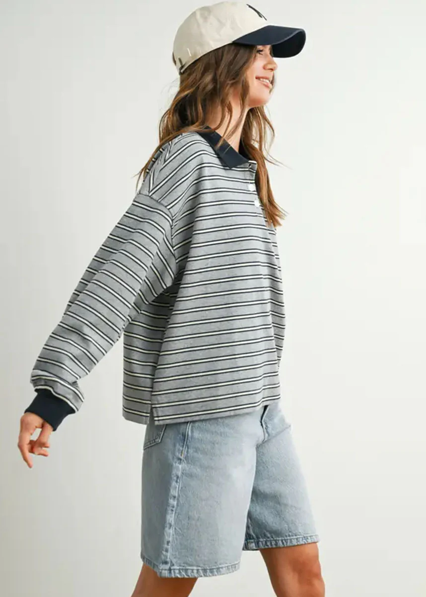 Megan Quarter Button Stripe Collared Top - Grey & Navy - Image 3