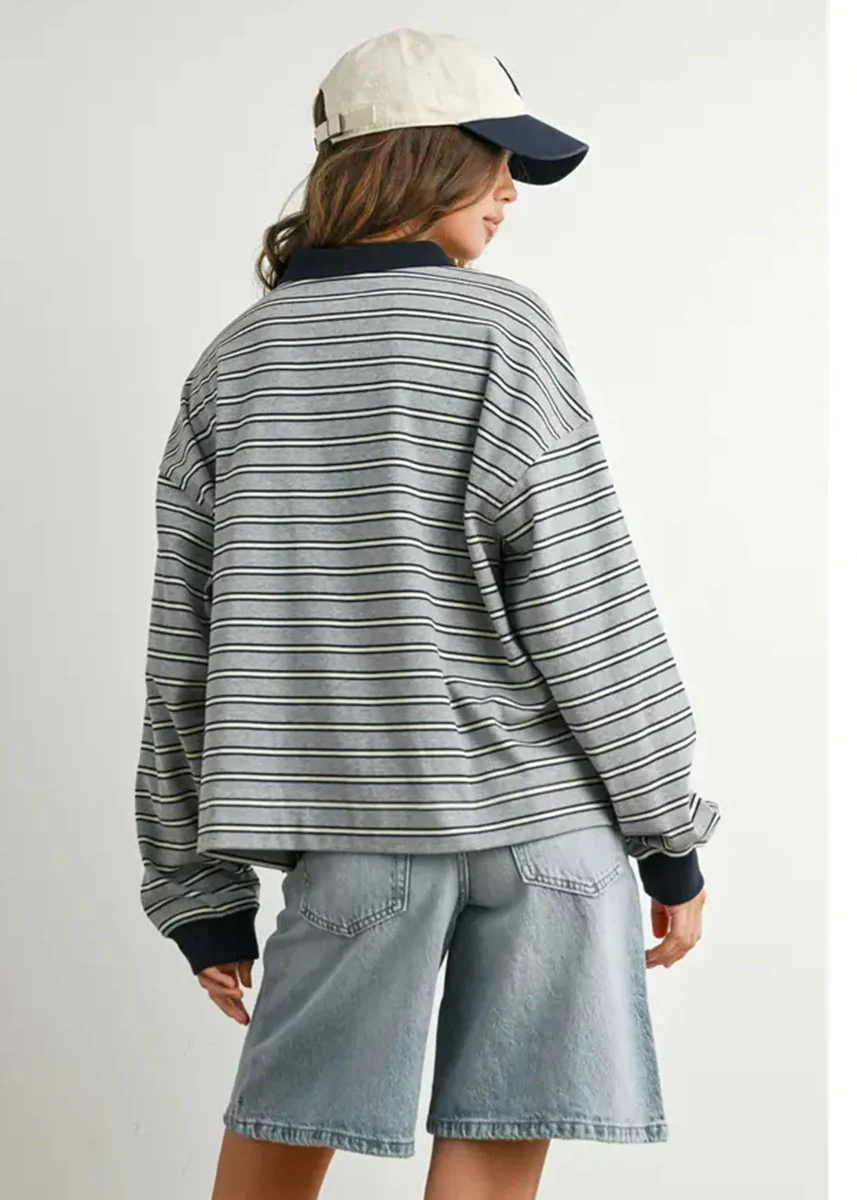 Megan Quarter Button Stripe Collared Top - Grey & Navy - Image 4