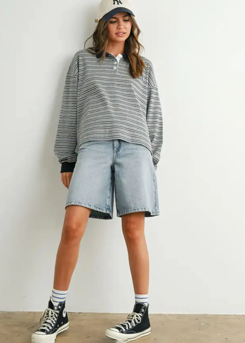 Megan Quarter Button Stripe Collared Top - Grey & Navy - Image 5