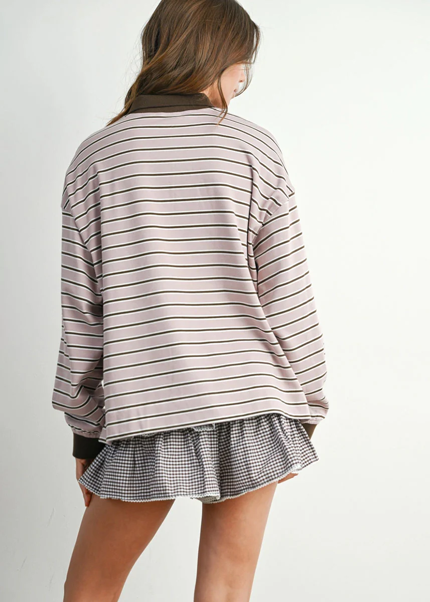 Megan Quarter-Button Stripe Collared Top - Mauve & Brown - Image 4