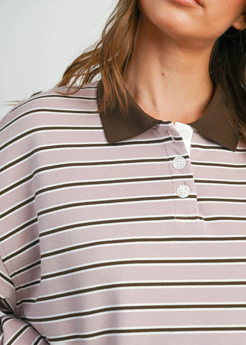 Megan Quarter-Button Stripe Collared Top - Mauve & Brown - Image 5