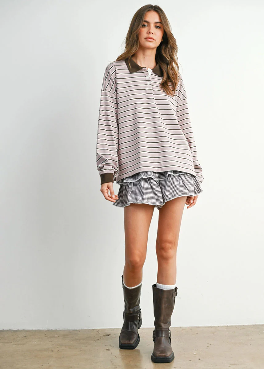 Megan Quarter-Button Stripe Collared Top - Mauve & Brown - Image 6