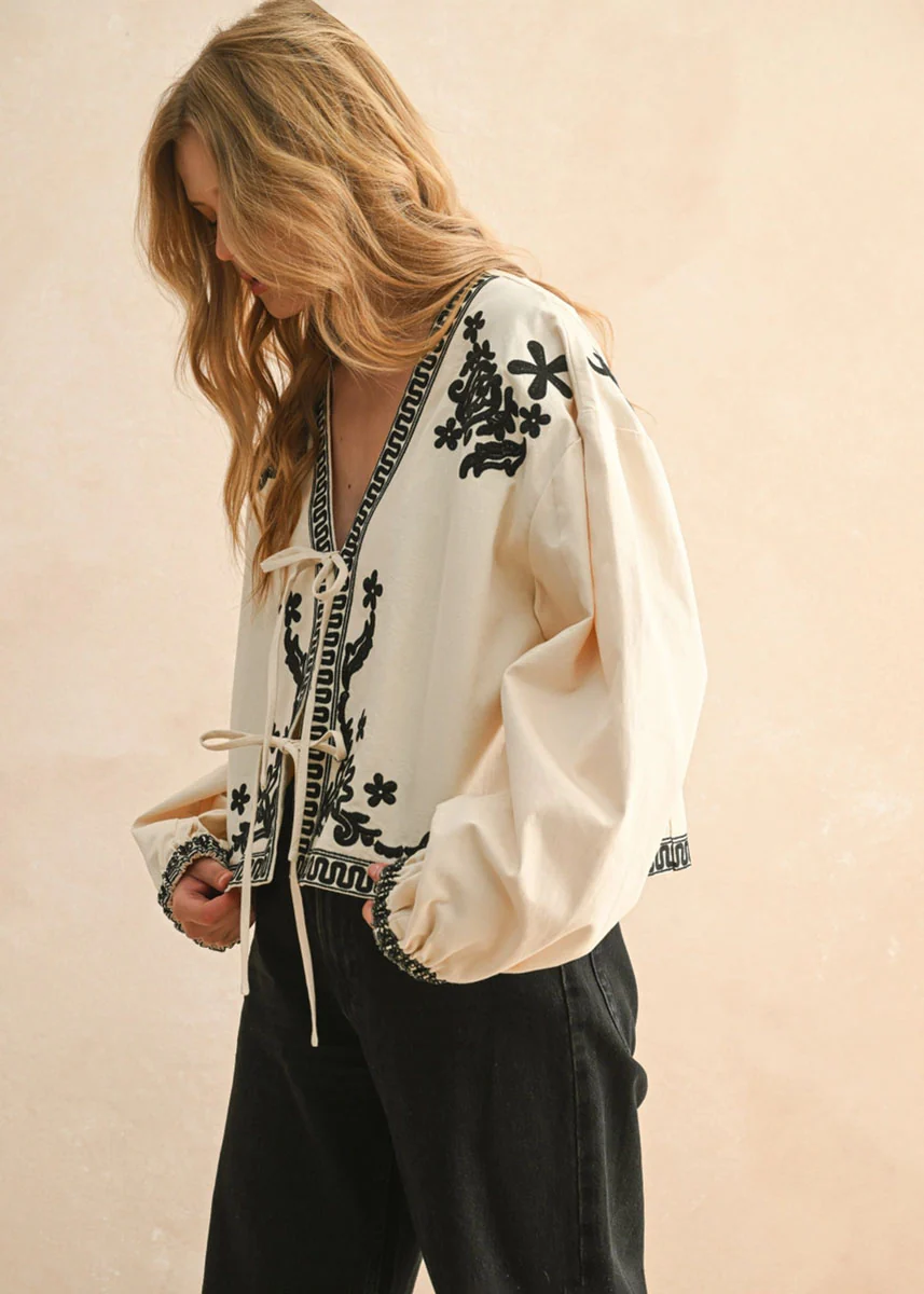 Mia Floral Patch Tie Jacket - Ecru - Image 2
