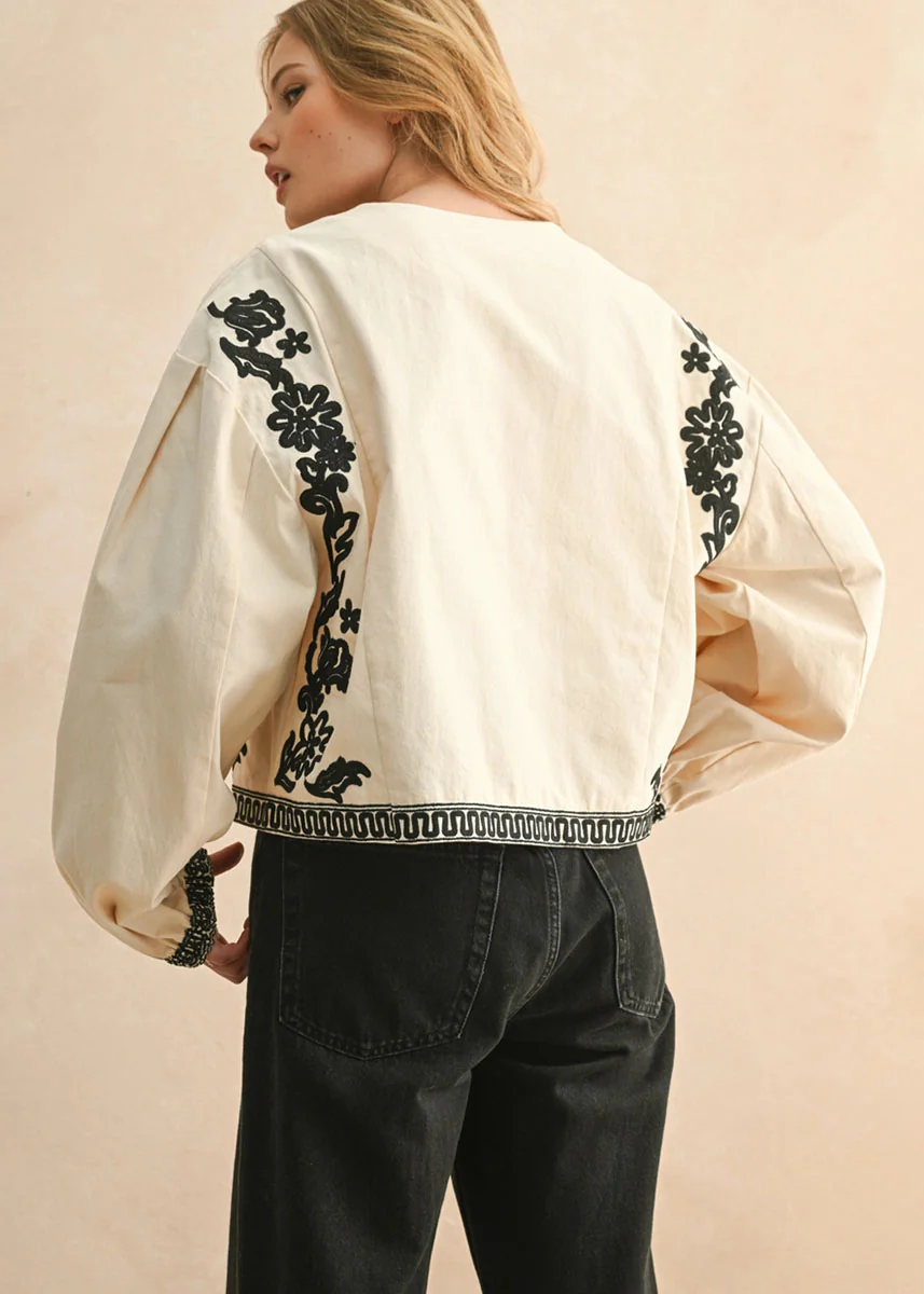 Mia Floral Patch Tie Jacket - Ecru - Image 3