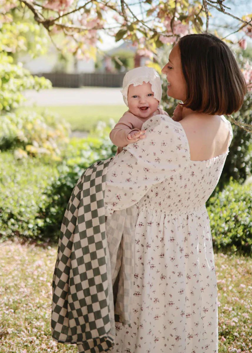 Muslin Swaddle Organic Cotton Blanket - Olive Check - Image 3