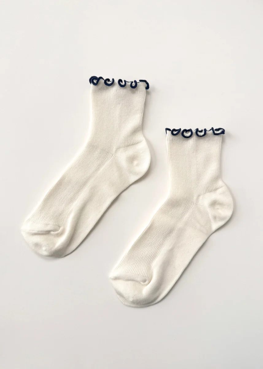 Petite Ruffled Modal Socks - Soft White & Navy
