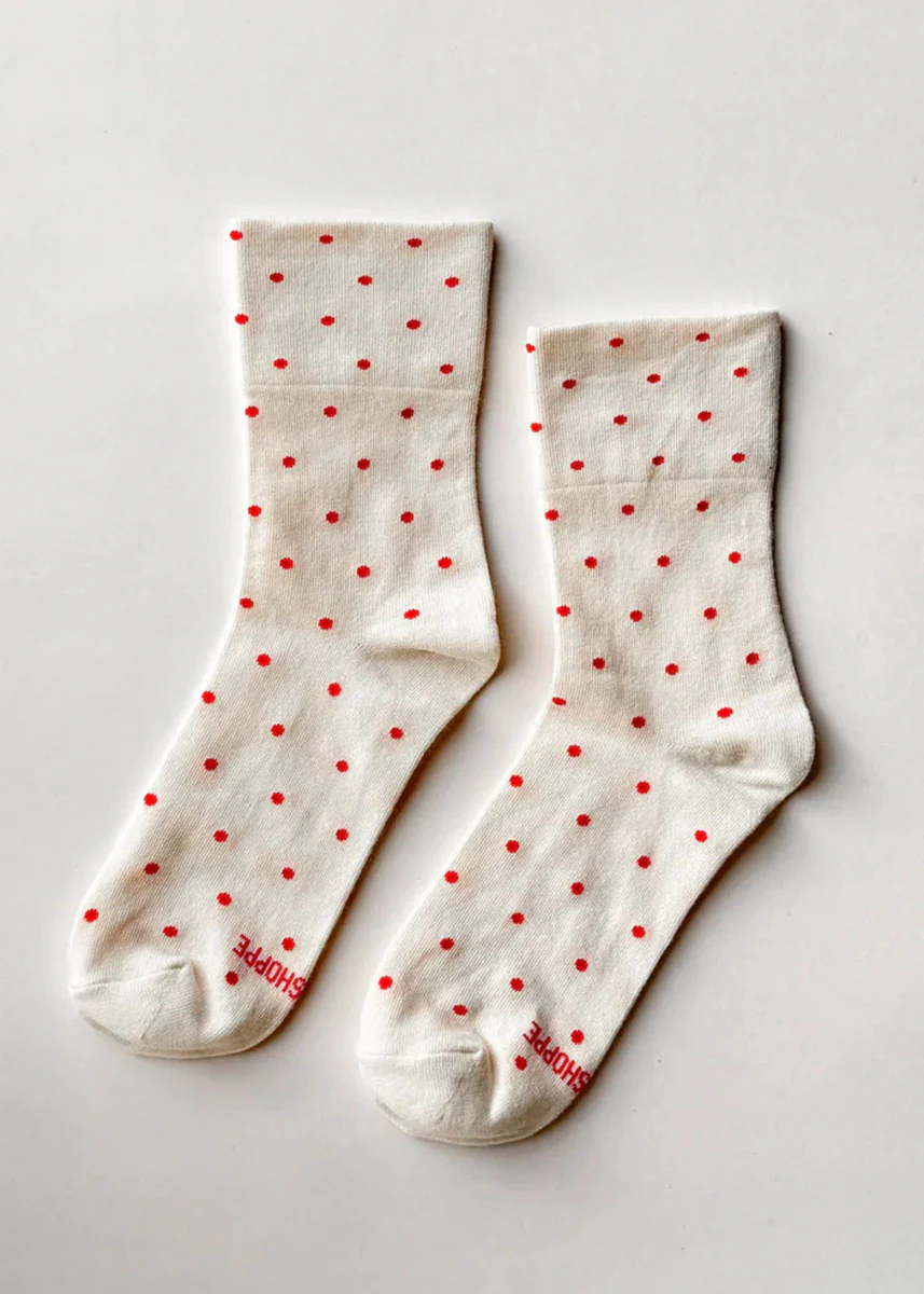 Polka Dot Sneaker Socks - Cream & Red