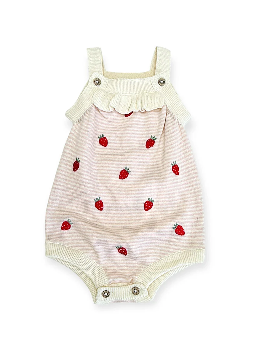 Strawberry Embroidered Ruffle Romper Set - Pink