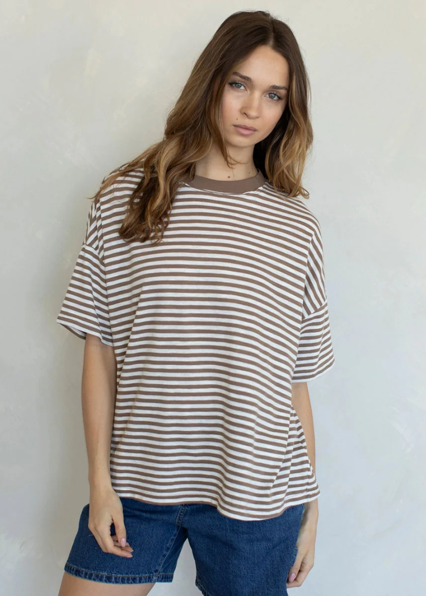 Striped Slub Oversized Tee - Taupe