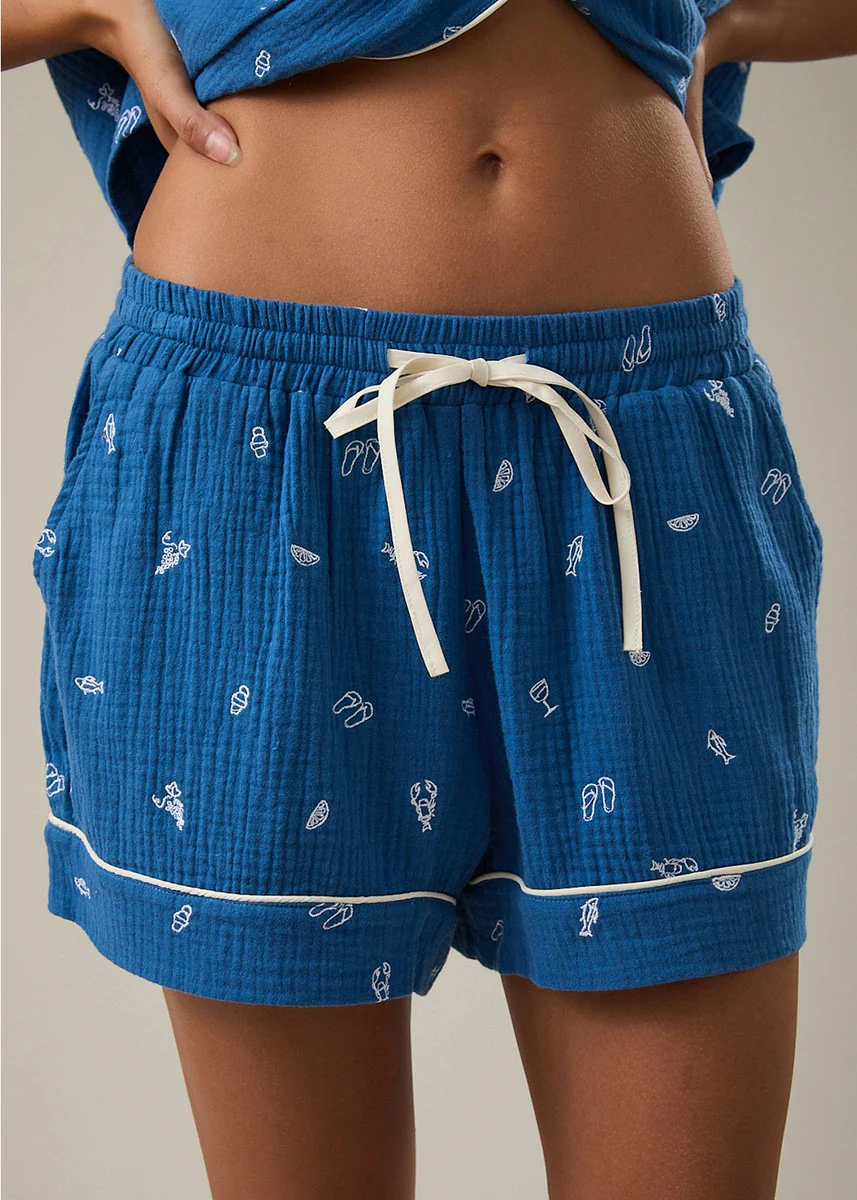 Verona Embroidered Pajama Short - Blue & White - Image 4