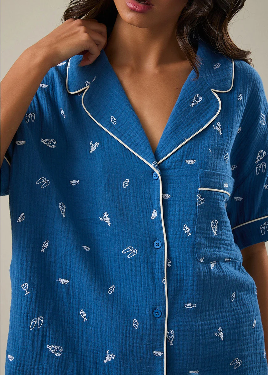Verona Embroidered Pajama Top - Blue & White - Image 2