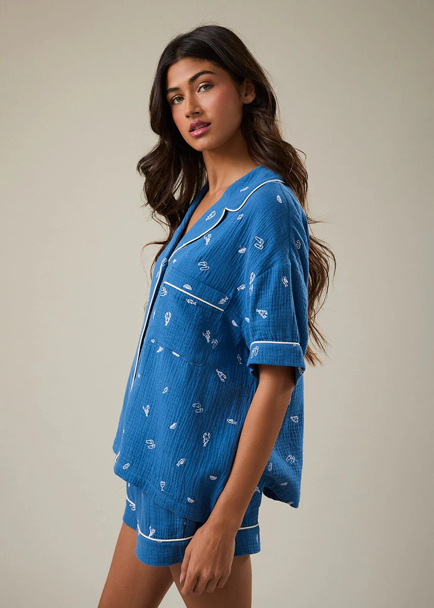 Verona Embroidered Pajama Top - Blue & White - Image 3