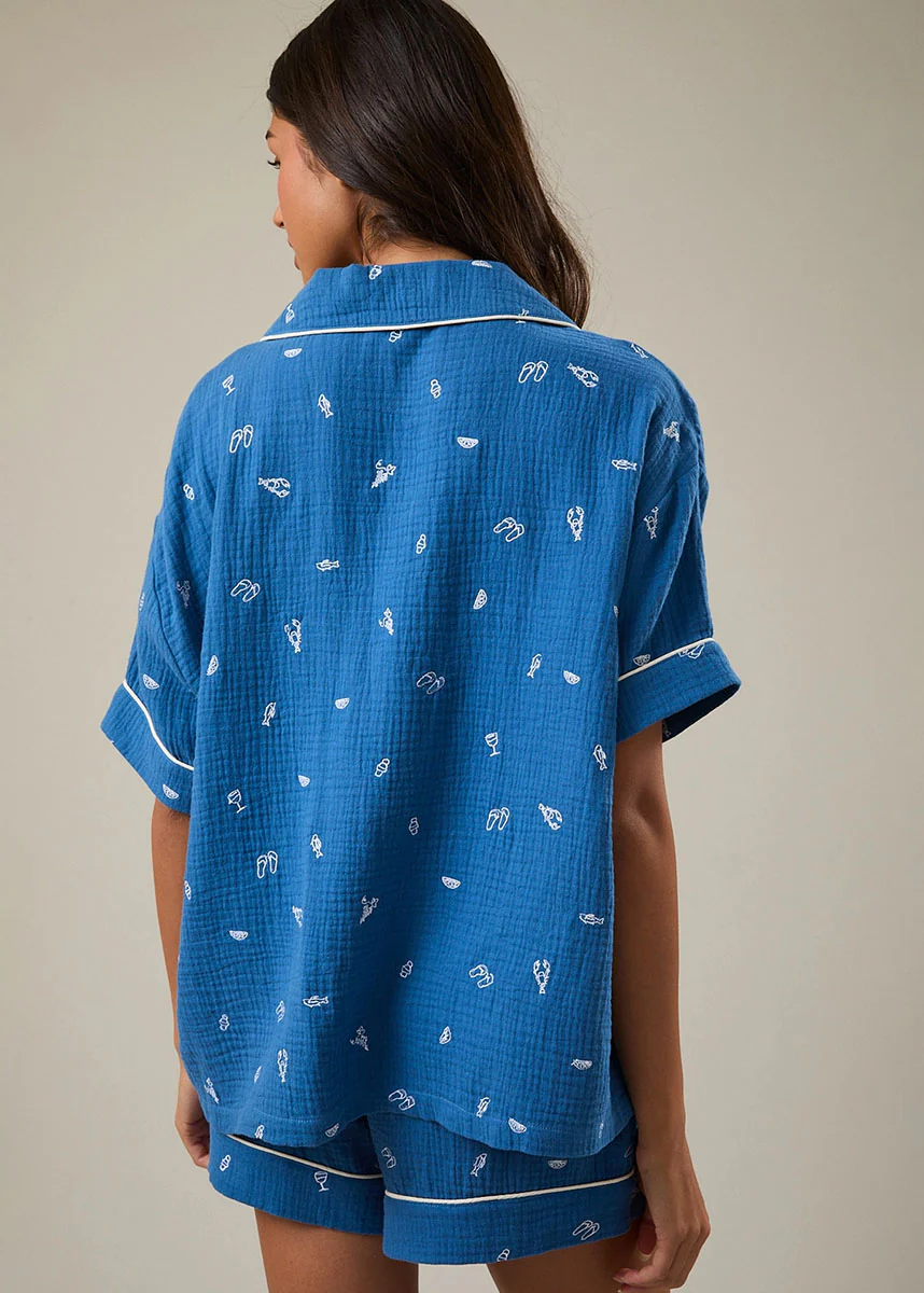 Verona Embroidered Pajama Top - Blue & White - Image 4