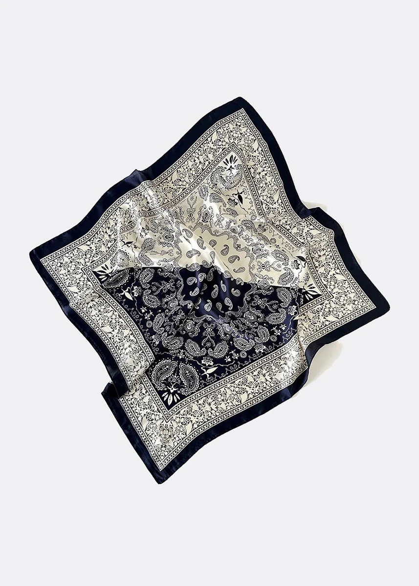 Vintage Paisley Square Satin Scarf - Black & Beige - Image 2
