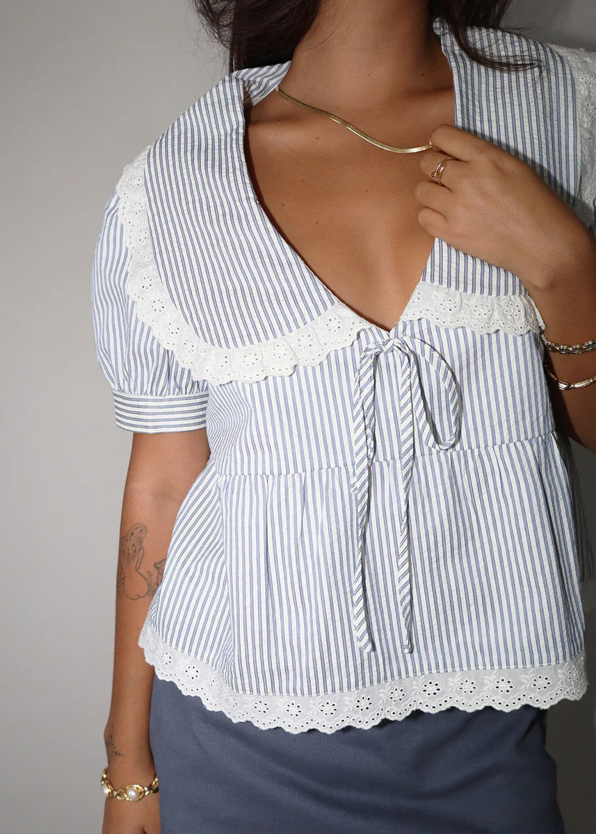 Whitney Striped Lace Trim Top - Blue - Image 4